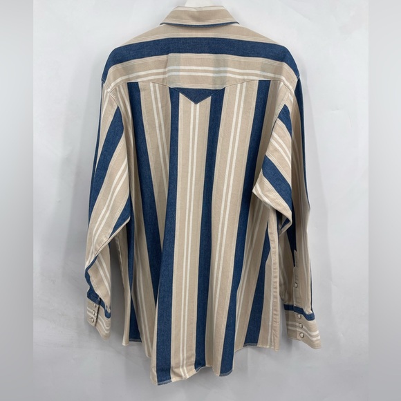 VTG Wrangler Western Denim Button Down Brushpopper Shirt Pearl Snaps X-Long Tail - Picture 7 of 13